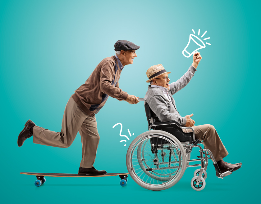 Papis sur un skatebpard et chaise roulante